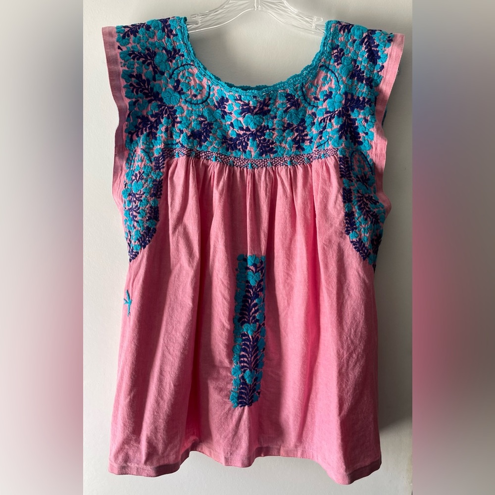 Mi Golondrina Pink and Blue Embroidered Blouse